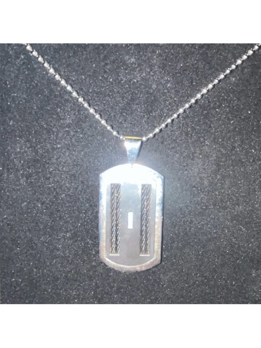 Solid Stainless Steel Silver Dog Tag Pendant + CZ Diamonds On Basic Ball Chain